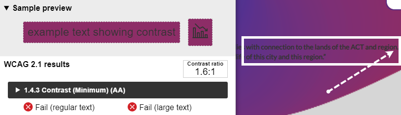 The colour contrast analyser tool showing the welcome to country acknowledgement in dark grey against a coloured background. The ratio is 1.6:1 far below the WCAG minimmum