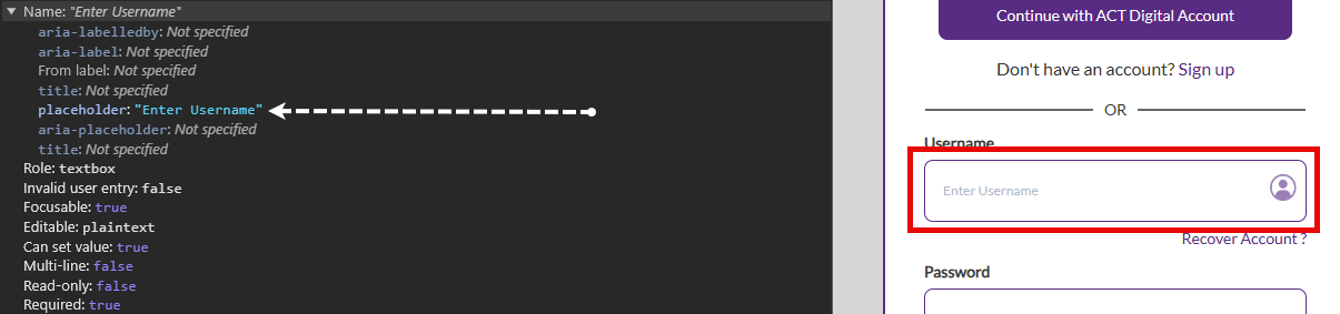 The accessibility tree of the username input control showing the placeholder attribute complete with the words 'Enter Username'. The remaining half of the screen shows the webpage with the Username input control.