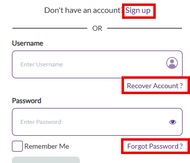 The signup form showing the links 'Sign Up', 'Recover Account?' and 'Forgot Password?' highlighted by a box indicating they are not keyboard accessible