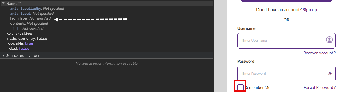The accessibility tree of the Remember Me checkbox showing an unlabelled control. The other half of the screen shows the webpage with the Remember me checkbox
